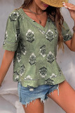 Casual Floral Print Distressed V Neck T-Shirts