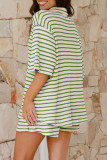 Casual Stripe Lace Up Patchwork Contrast Turndown Collar Half Sleeve Two Pieces
