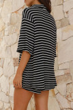 Casual Stripe Lace Up Patchwork Contrast Turndown Collar Half Sleeve Two Pieces