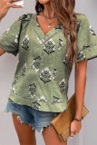 Casual Floral Print Distressed V Neck T-Shirts