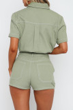 Casual Solid Color Pocket Buttons Patchwork Turndown Collar Short Sleeve Two Pieces