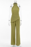 Street Daily Solid Color Backless Ruched Halter Sleeveless Two Pieces