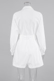Casual Daily Solid Color Pocket Buttons With Belt Turndown Collar Loose Rompers
