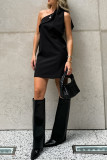 Casual Solid Color Lace Up Sloping Shoulder Sleeveless Dresses