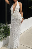 Sexy Flowers Lace Up Backless Halter Long Dresses