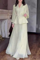 Elegant Solid Color Buckle Bow Decor Pleated V Neck Long Sleeve Two Pieces