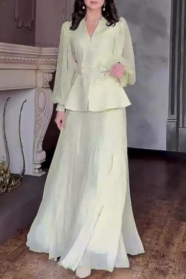 Elegant Solid Color Buckle Bow Decor Pleated V Neck Long Sleeve Two Pieces
