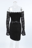 Sexy Solid Color Lace Hollow Out Off Shoulder Lace Dress Dresses