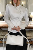 Elegant Solid Color Buttons Stringy Selvedge Turndown Collar Tops