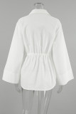Casual Solid Color Lace Up Buttons Turndown Collar Tops