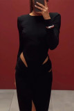 Sexy Solid Color Hollow Out Slit O Neck Irregular Dresses