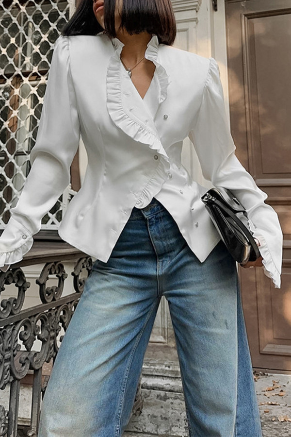 Elegant Solid Color Buttons Stringy Selvedge Turndown Collar Tops