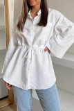 Casual Solid Color Lace Up Buttons Turndown Collar Tops