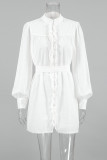 Casual Solid Color Buckle Mandarin Collar A Line Dresses