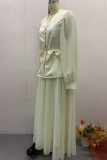 Elegant Solid Color Buckle Bow Decor Pleated V Neck Long Sleeve Two Pieces