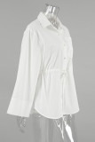 Casual Solid Color Lace Up Buttons Turndown Collar Tops