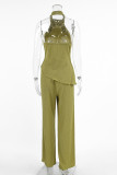 Street Daily Solid Color Backless Ruched Halter Sleeveless Two Pieces