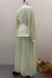 Elegant Solid Color Buckle Bow Decor Pleated V Neck Long Sleeve Two Pieces