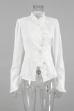 Elegant Solid Color Buttons Stringy Selvedge Turndown Collar Tops