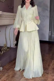Elegant Solid Color Buckle Bow Decor Pleated V Neck Long Sleeve Two Pieces
