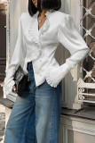 Elegant Solid Color Buttons Stringy Selvedge Turndown Collar Tops