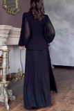 Elegant Solid Color Buckle Bow Decor Pleated V Neck Long Sleeve Two Pieces
