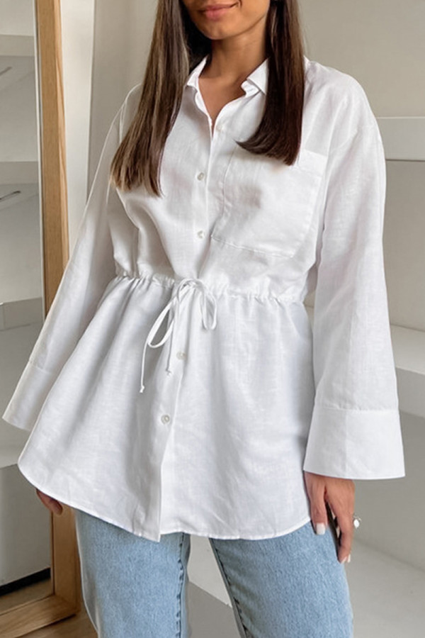Casual Solid Color Lace Up Buttons Turndown Collar Tops