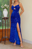 Sexy Prom Solid Color Sequins Slit V Neck Evening Dresses
