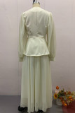 Elegant Solid Color Buckle Bow Decor Pleated V Neck Long Sleeve Two Pieces