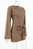 Casual Street Solid Color Lace Up Ruched O Neck Wrapped Skirt Dresses