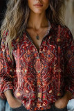Casual Floral Print Contrast Turndown Collar Tops