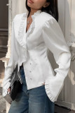 Elegant Solid Color Buttons Stringy Selvedge Turndown Collar Tops