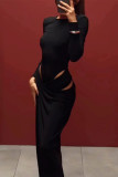 Sexy Solid Color Hollow Out Slit O Neck Irregular Dresses