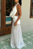 Sexy Flowers Lace Up Backless Halter Long Dresses