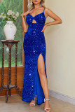 Sexy Prom Solid Color Sequins Slit V Neck Evening Dresses
