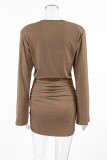 Casual Street Solid Color Lace Up Ruched O Neck Wrapped Skirt Dresses