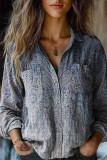 Casual Floral Print Contrast Turndown Collar Tops