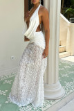 Sexy Flowers Lace Up Backless Halter Long Dresses