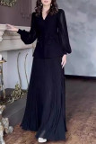 Elegant Solid Color Buckle Bow Decor Pleated V Neck Long Sleeve Two Pieces