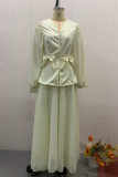 Elegant Solid Color Buckle Bow Decor Pleated V Neck Long Sleeve Two Pieces