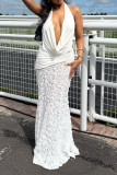 Sexy Flowers Lace Up Backless Halter Long Dresses