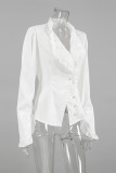 Elegant Solid Color Buttons Stringy Selvedge Turndown Collar Tops