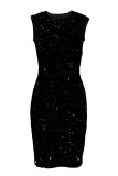 Elegant Solid Color Sequined O Neck Wrapped Skirt Dresses