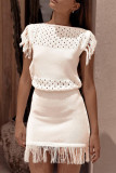Casual Solid Color Hollow Out Tassel O Neck Sweater Dress Dresses