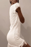 Casual Solid Color Hollow Out Tassel O Neck Sweater Dress Dresses