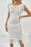 Casual Solid Color Hollow Out Tassel O Neck Sweater Dress Dresses