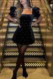 Elegant Solid Color Pearls Decor Square Neck Princess Short Sleeve Dress