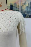 Casual Solid Color Hollow Out Tassel O Neck Sweater Dress Dresses