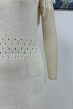 Casual Solid Color Hollow Out Tassel O Neck Sweater Dress Dresses