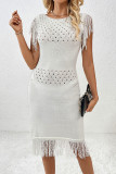 Casual Solid Color Hollow Out Tassel O Neck Sweater Dress Dresses